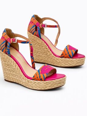 Gianni Bini Tropical Print Espadrille Wedge Sandals Pink Orange Size 6.5